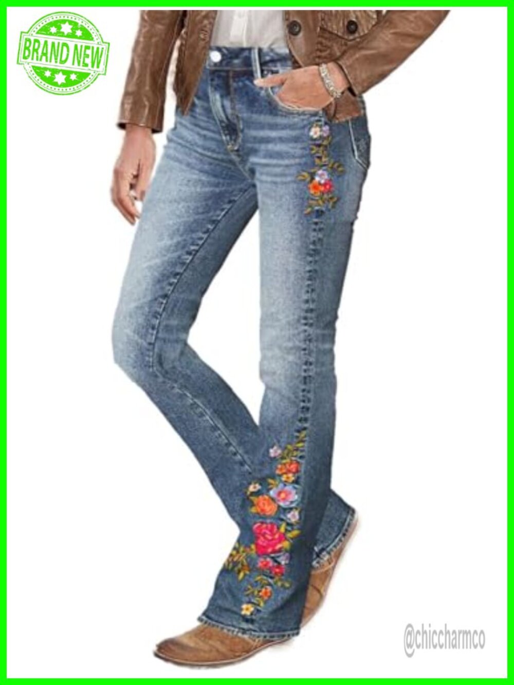 Mid Rise Bootcut Jeans High Stretch Floral Embroidery Flare Leg